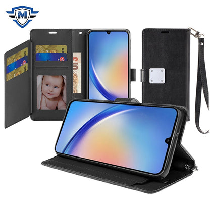 For Apple iPhone 16 Pro (6.3") Premium Leather Wallet with Credit Card ID Slots Cash Holder Duo Flip Pouch Stand and Strap Case Cover