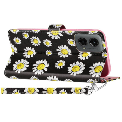 For Motorola Moto G 5G 2024 Wallet Card Holder Lanyard Magnetic Metal Closure Shockproof Protection Secure Grip ID Cash Storage Strap Carry Design Case Cover White Daisy Blossom Floral