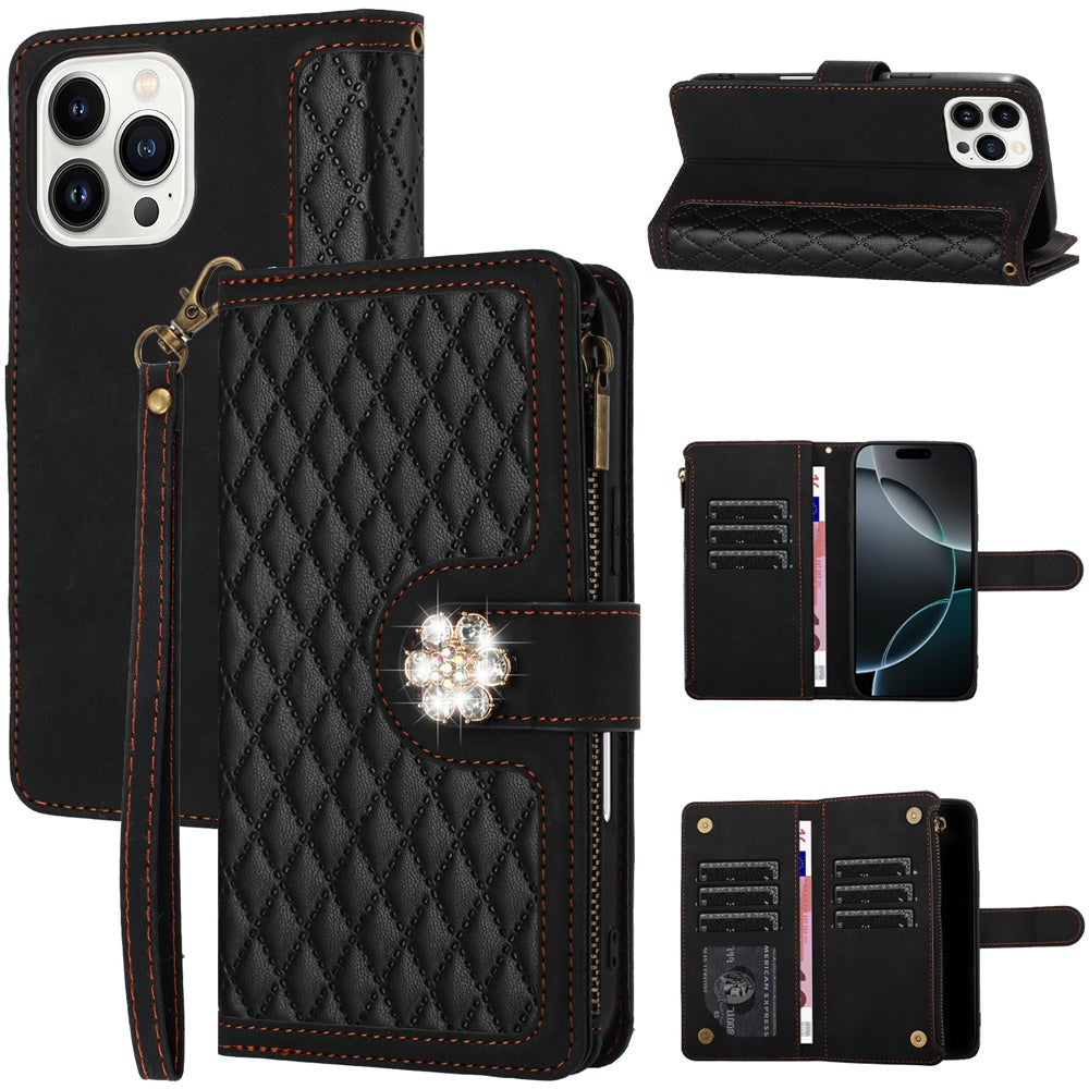 For Apple iPhone 16 Pro (6.3") PU Leather Wallet Design Jewel Bling with Credit Card Holder Flip Folio Pouch Zipper Purse Wrist Strap Case Cover