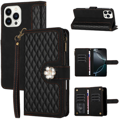 For Apple iPhone 16 Pro (6.3") PU Leather Wallet Design Jewel Bling with Credit Card Holder Flip Folio Pouch Zipper Purse Wrist Strap Case Cover