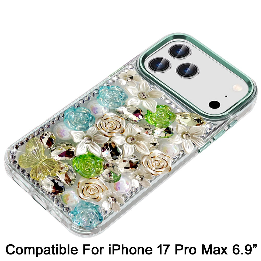For Apple iPhone 17 Pro Max (6.9") 3D Diamond Floral Roses Flower Bling Stone Hybrid, Sparkly Rhinestone Gemstone Back Shockproof Case Cover