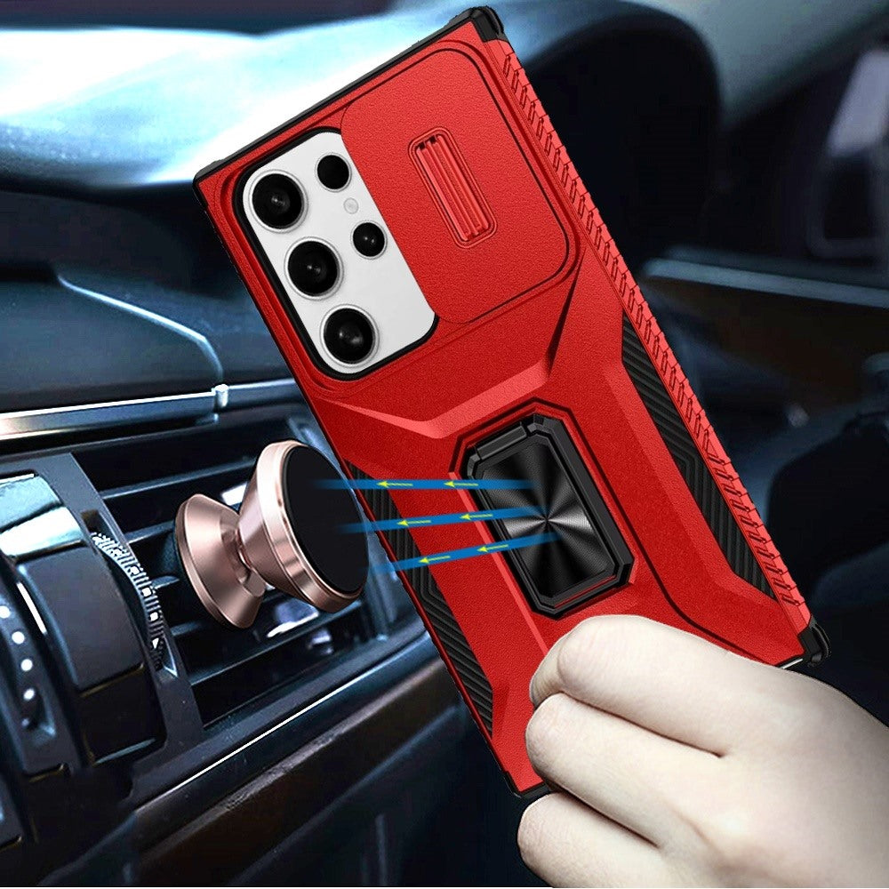 For Samsung Galaxy S22 Ultra Case, Camera Cover with Magnetic Rotation Ring Stand, Military Grade Hybrid Hard TPU Shockproof Case Cover Red