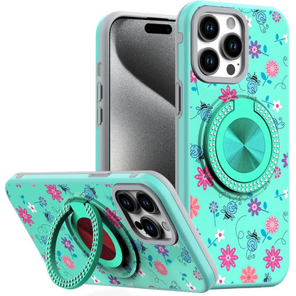 For Apple iPhone 16e Pattern Design Hybrid with Invisible Ring Stand & Magnetic Back, Shockproof Protective Grip Case Cover Flower Bee Teal