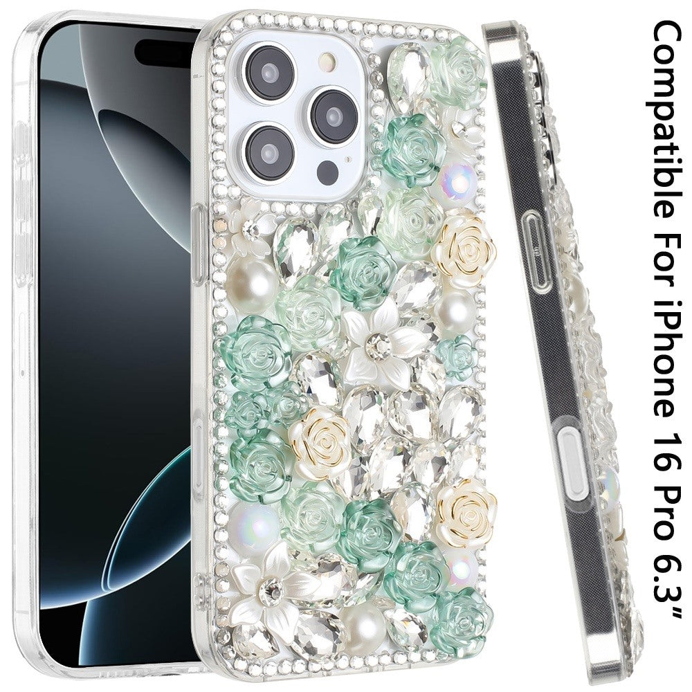 For Apple iPhone 16 (6.1") Fashion Rose Flower Floral Bling Crystal 3D Full Diamonds Pearl Sparkle Rhinestone Glitter Hybrid Case Cover