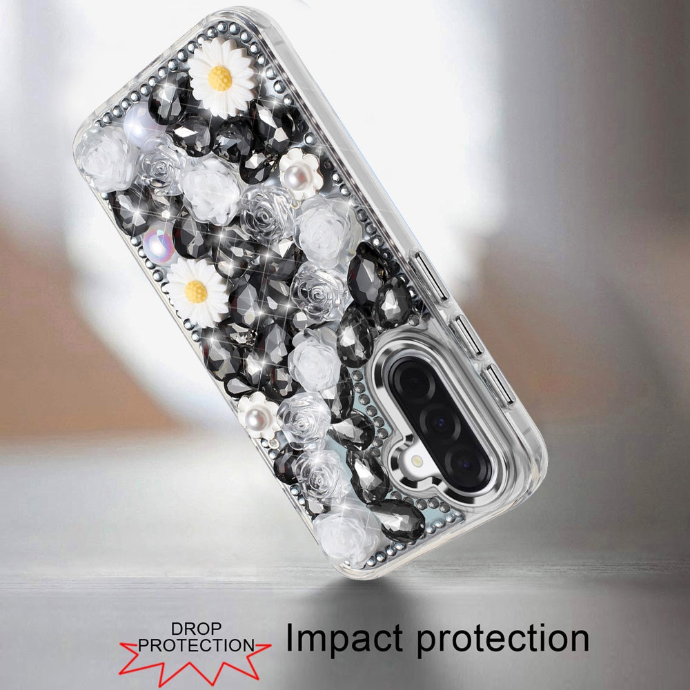 For Samsung Galaxy A57 Fashion Daisy Floral Series, Full 3D Bling Crystal Diamonds Sparkling Rhinestone Glitter Hybrid Design Case Cover