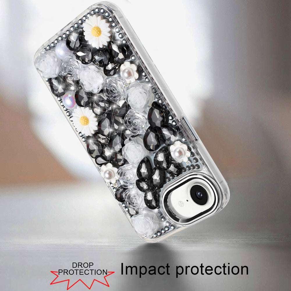 For Samsung Galaxy A57 Fashion Daisy Floral Series, Full 3D Bling Crystal Diamonds Sparkling Rhinestone Glitter Hybrid Design Case Cover