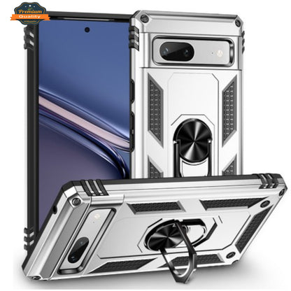 For Google Pixel 9 Pro XL (6.8") Shockproof Hybrid Dual Layer PC TPU with Ring Stand Metal Kickstand Heavy Duty Armor Shell Case Cover