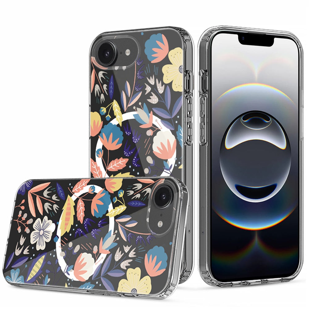 For Apple iPhone 16e Hybrid Flower Design Stylish Fashion Case, MagSafe Compatible, Thick Shockproof Hard PC Case Cover