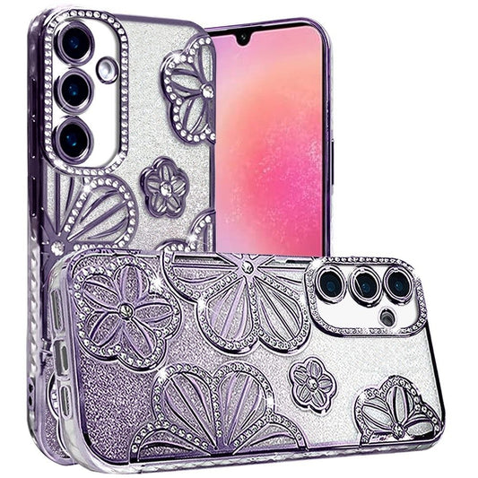 For Samsung Galaxy A26 Luxury Flower Design Sparkle Glitter Diamond Rhinestone Shimmer Bling Plating Thick TPU Hard PC Case Cover Flower Purple