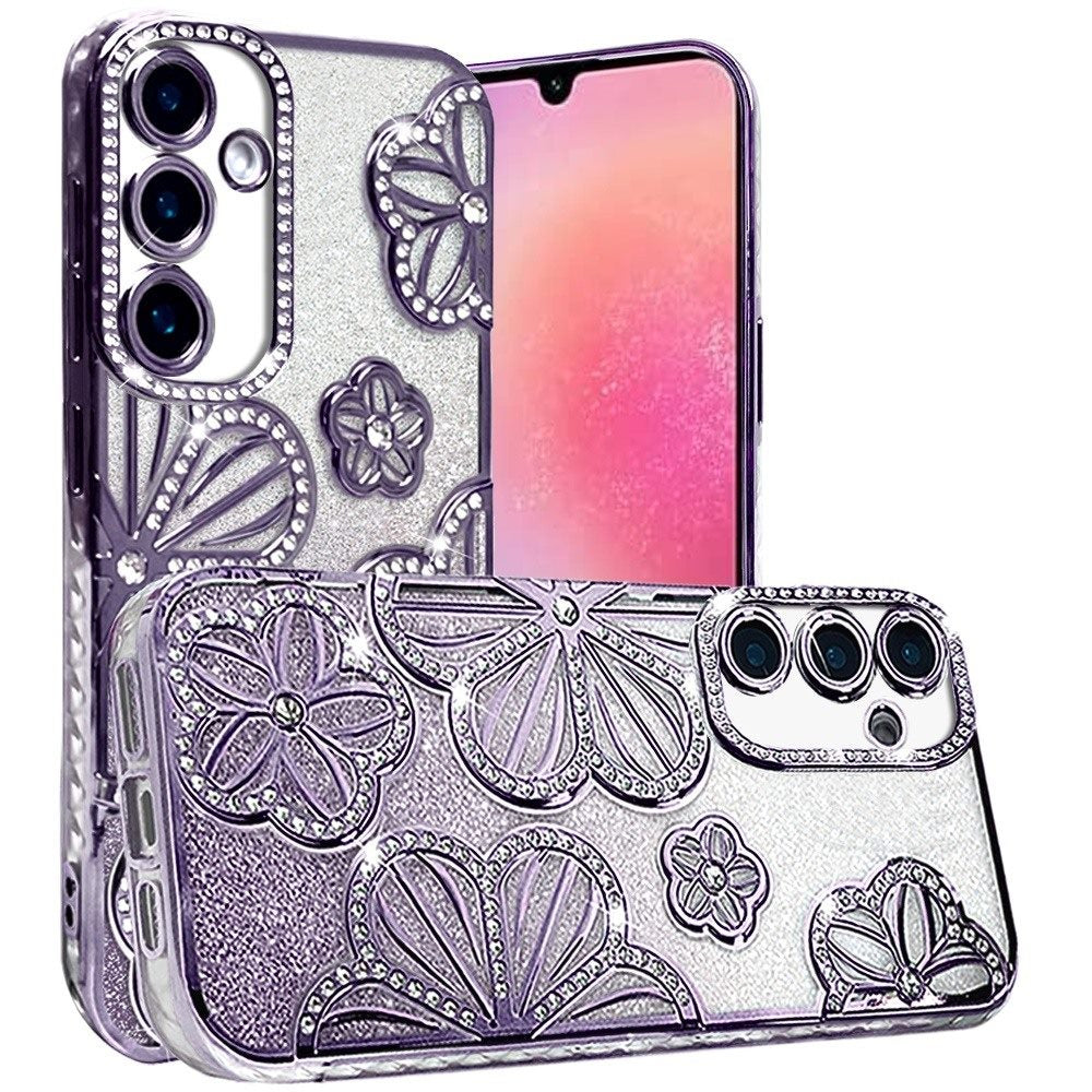 For Samsung Galaxy S24 Fan Edition /Galaxy S24 FE Luxury Flower Design Sparkle Glitter Diamond Rhinestone Shimmer Bling Plating Thick TPU Hard PC Case Cover