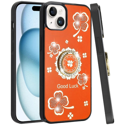 For iPhone 15 Plus (6.7") Diamonds 3D Fashion Bling Sparkly Glitter Ornaments Engraving Hybrid with Ring Stand Case Cover