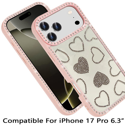 For Apple iPhone 17 Pro (6.3") Spread Love Glitter Shimmer Bling Diamond Edge Hybrid Drop Protection Shockproof Design Case Cover