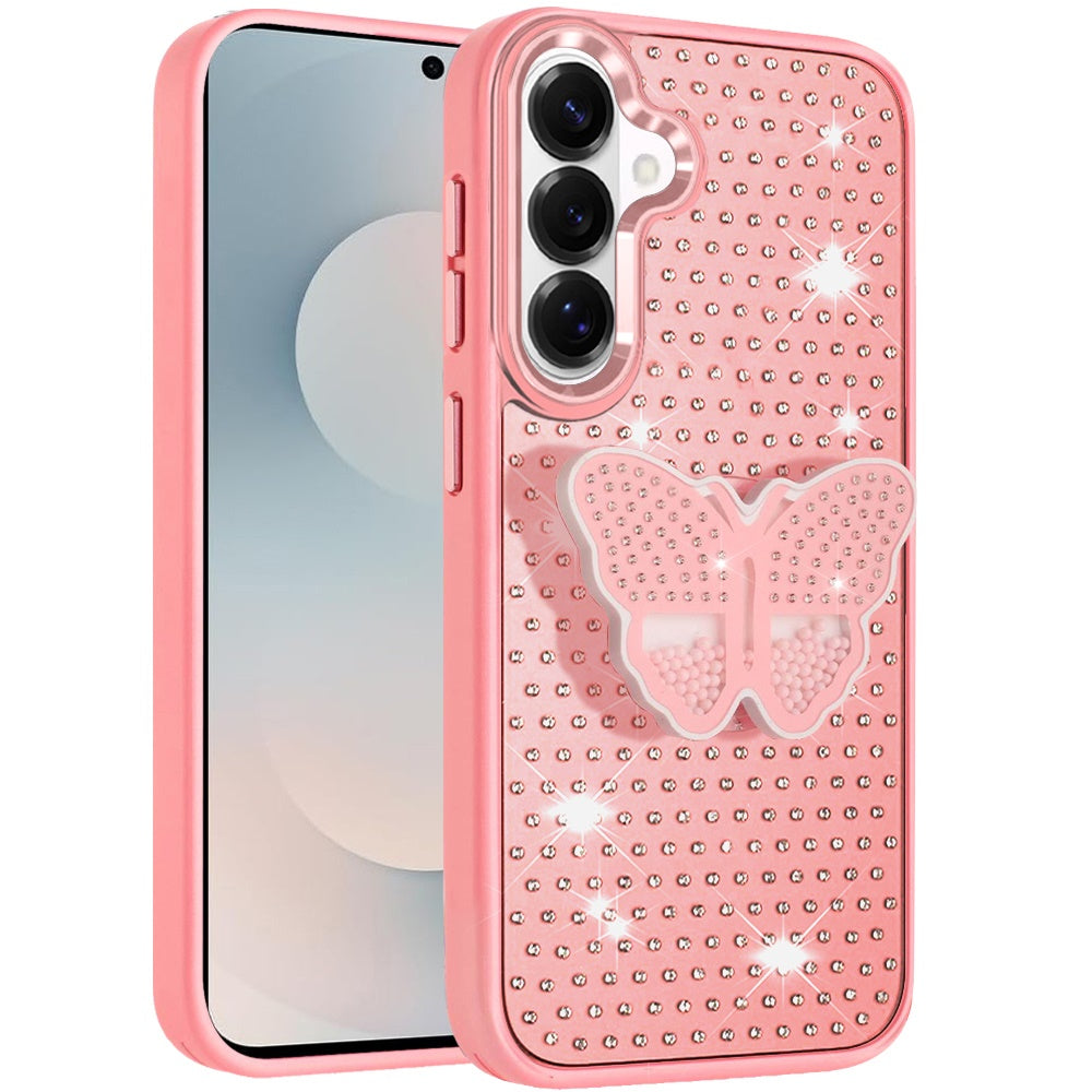 For Samsung Galaxy S26 Butterfly Moveable Grip 3D Pop Stand Full Diamond Bling Sparkling TPU Fashion Hybrid Case Cover