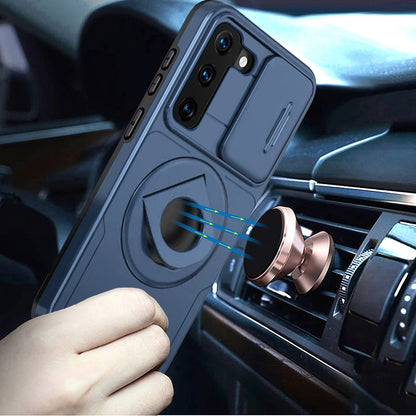 For Samsung Galaxy S21 FE /Fan Edition Full Coverage with Camera Window, Magnetic Circle, Rotatable Ring Stand, MagSafe Compatible, Shockproof Hybrid Protectiv Case Cover Blue