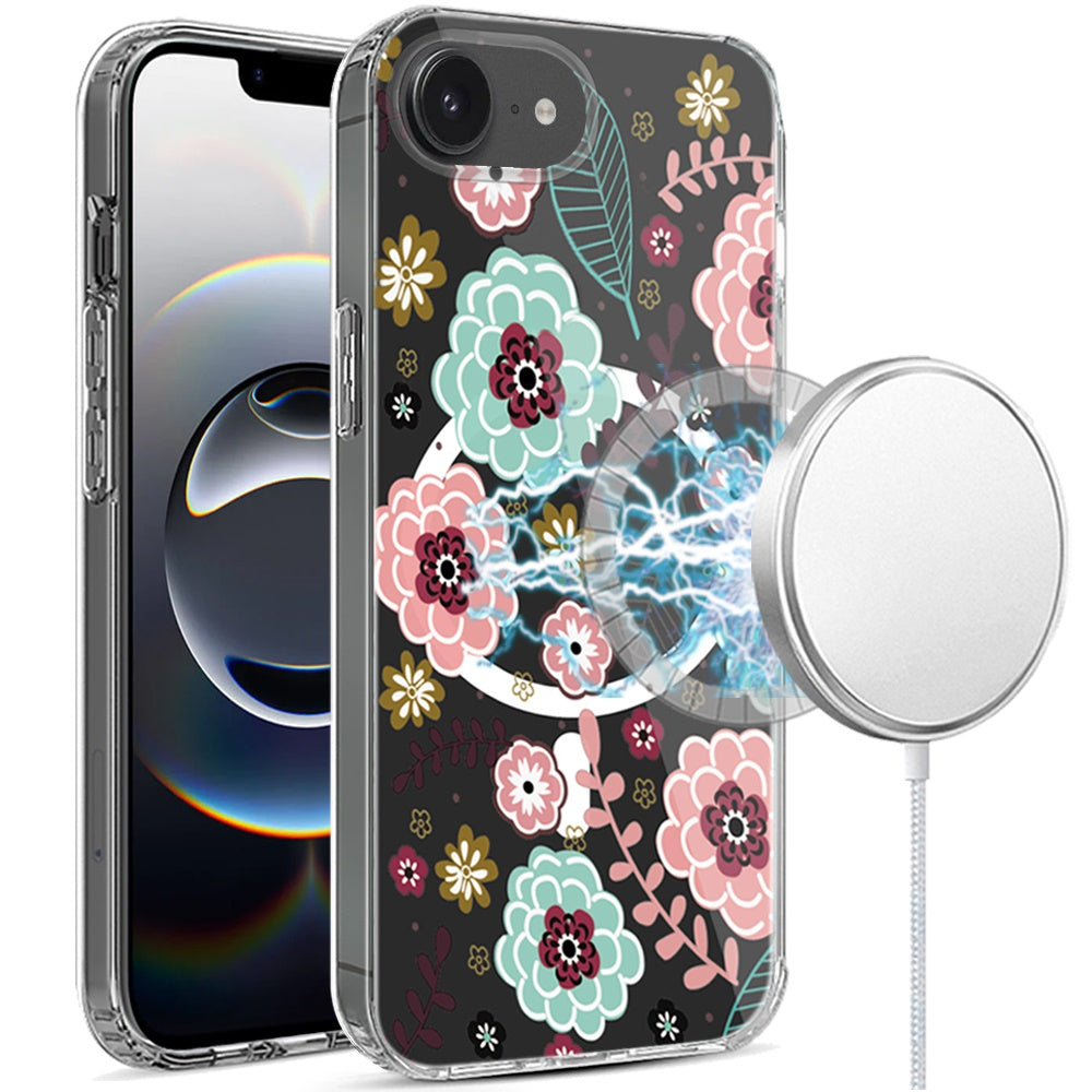 For Apple iPhone 17E /16E Hybrid Flower Design Stylish Fashion Case, MagSafe Compatible, Thick Shockproof Hard PC Case Cover