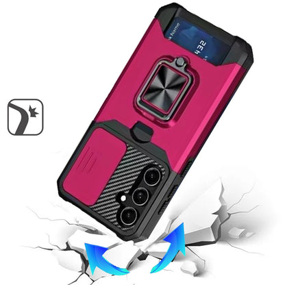 For Samsung Galaxy A26 Wallet Case with Ring Stand & Slide Camera Cover Back Credit Card Slot Holder, Military Grade Case Cover Hot Pink