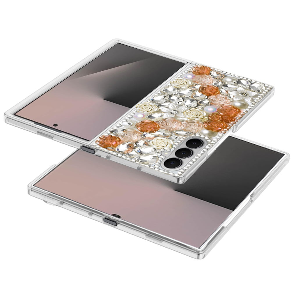 For Samsung Galaxy Z Fold 7 Fashion Rose Flower Floral Bling Crystal 3D Full Diamonds Pearl Sparkle Rhinestone Glitter Hybrid Case Cover