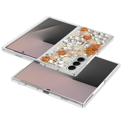 For Samsung Galaxy Z Fold 7 Fashion Rose Flower Floral Bling Crystal 3D Full Diamonds Pearl Sparkle Rhinestone Glitter Hybrid Case Cover