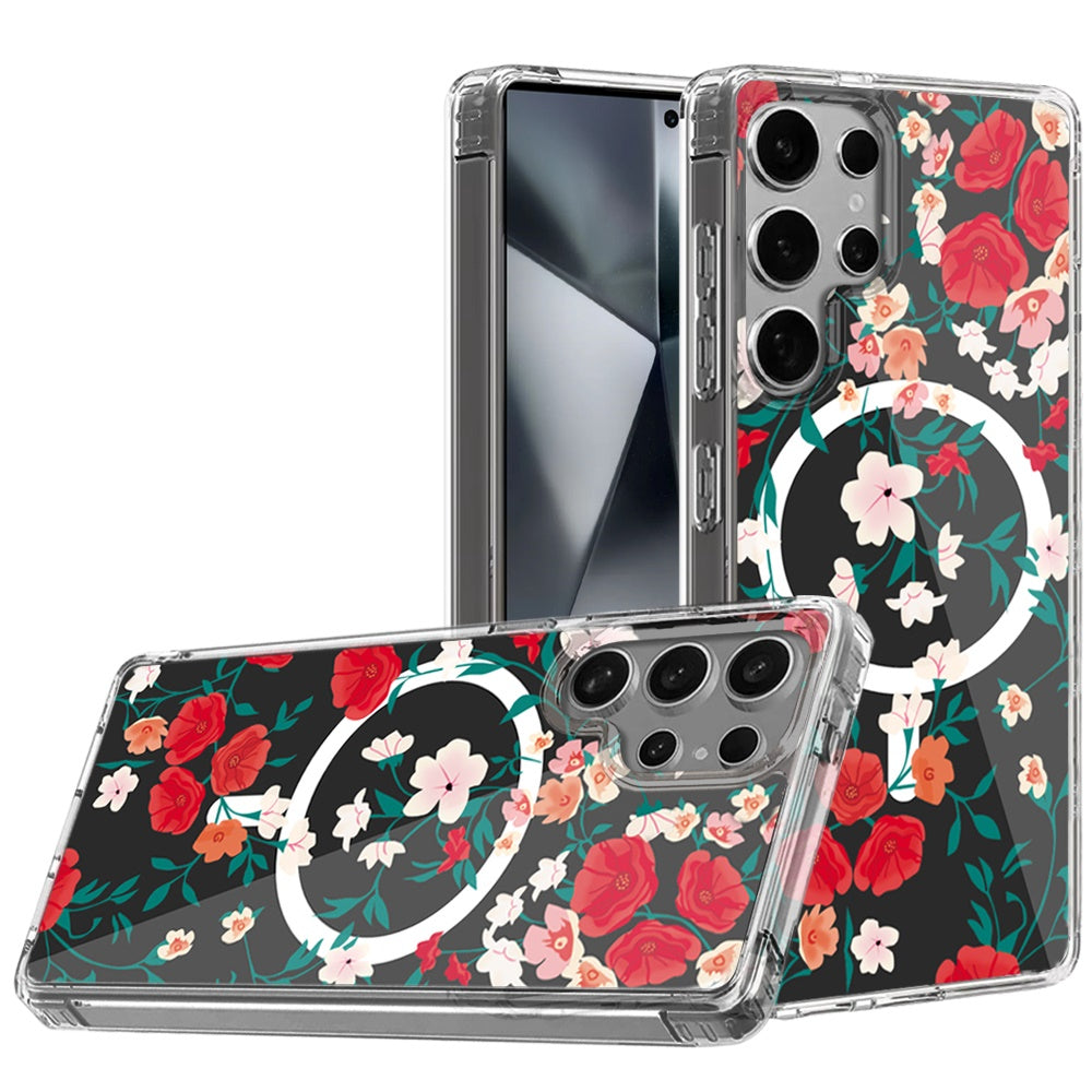 For Samsung Galaxy S25 Ultra Hybrid Flower Design Stylish Fashion Case, MagSafe Compatible, Thick Shockproof Hard PC Case Cover