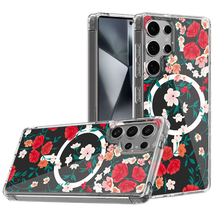 For Samsung Galaxy S25 Ultra Hybrid Flower Design Stylish Fashion Case, MagSafe Compatible, Thick Shockproof Hard PC Case Cover