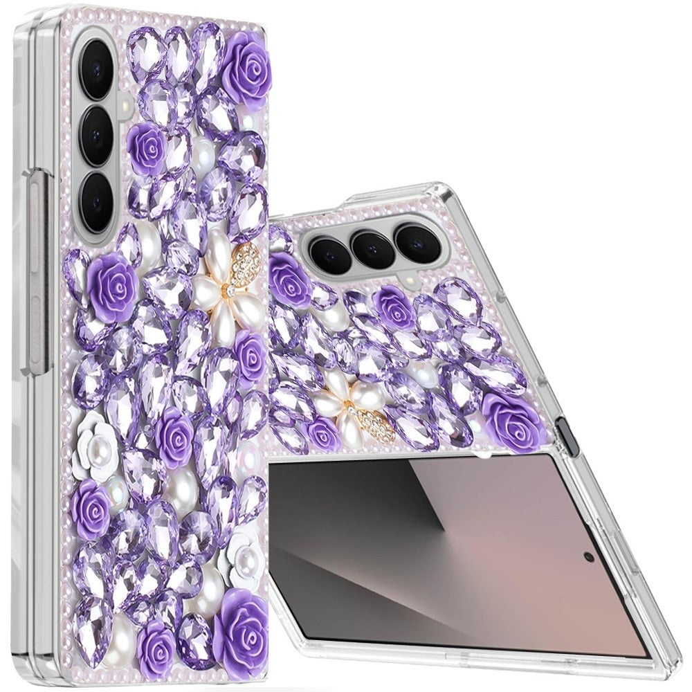 For Samsung Galaxy Z Fold 7 Fashion Rose Flower Floral Bling Crystal 3D Full Diamonds Pearl Sparkle Rhinestone Glitter Hybrid Case Cover