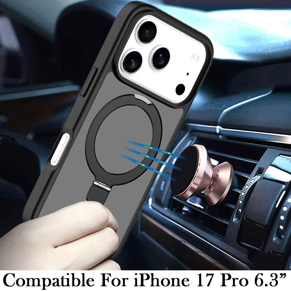 For Apple iPhone 17 Pro (6.3") Magnetic Circle Back with Ring Stand Full Rotation Matte Hybrid Shockproof Case Cover