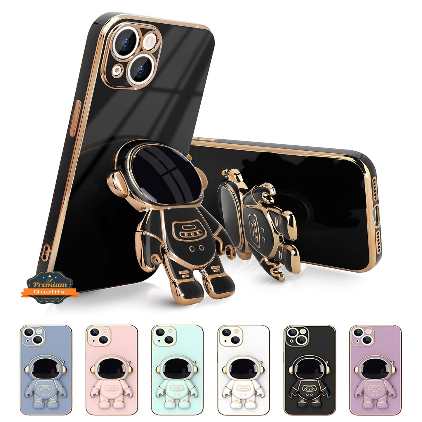 For Apple iPhone 15 Pro Max (6.7") Astronaut Hidden Stand Holder Plating Hybrid Electroplated Bumper Shockproof Armor  Phone Case Cover