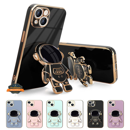 For Apple iPhone 15 Pro Max (6.7") Astronaut Hidden Stand Holder Plating Hybrid Electroplated Bumper Shockproof Armor  Phone Case Cover