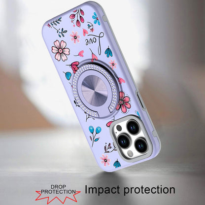 For Apple iPhone 16e Pattern Design Hybrid with Invisible Ring Stand & Magnetic Back, Shockproof Protective Grip Case Cover Love Flower