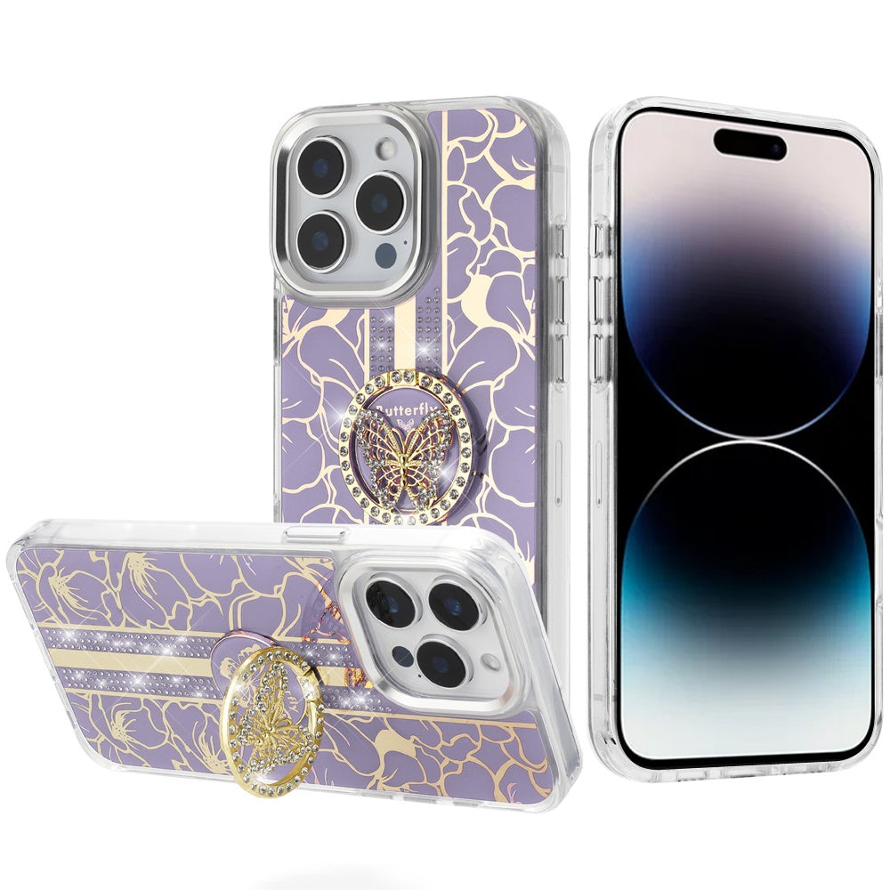 For Motorola Moto G 5G 2025 Diamonds 3D Butterfly Floral Design Bling Sparkly Glitter Hybrid Metal Fashion with Ring Stand Case Cover Purple