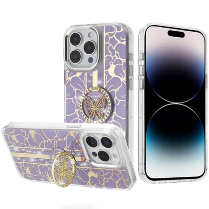 For Motorola Moto G 5G 2025 Diamonds 3D Butterfly Floral Design Bling Sparkly Glitter Hybrid Metal Fashion with Ring Stand Case Cover Purple