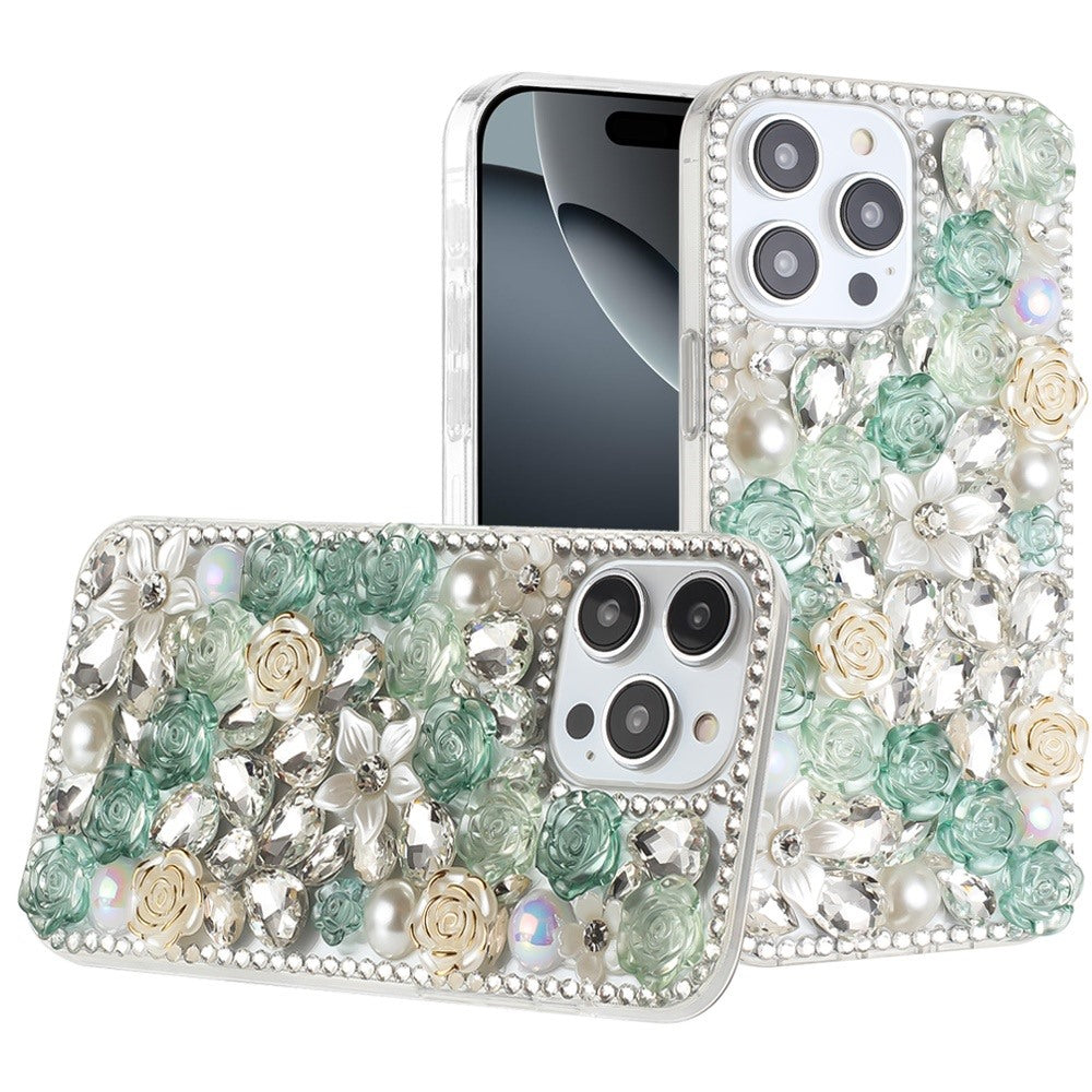 Phone Case for Apple iPhone 16 Pro Max Rose Flower Full Diamond Bling Rhinestone Glitter Luxury Stylish Sparkle Protective Designer Hybrid Cover Green