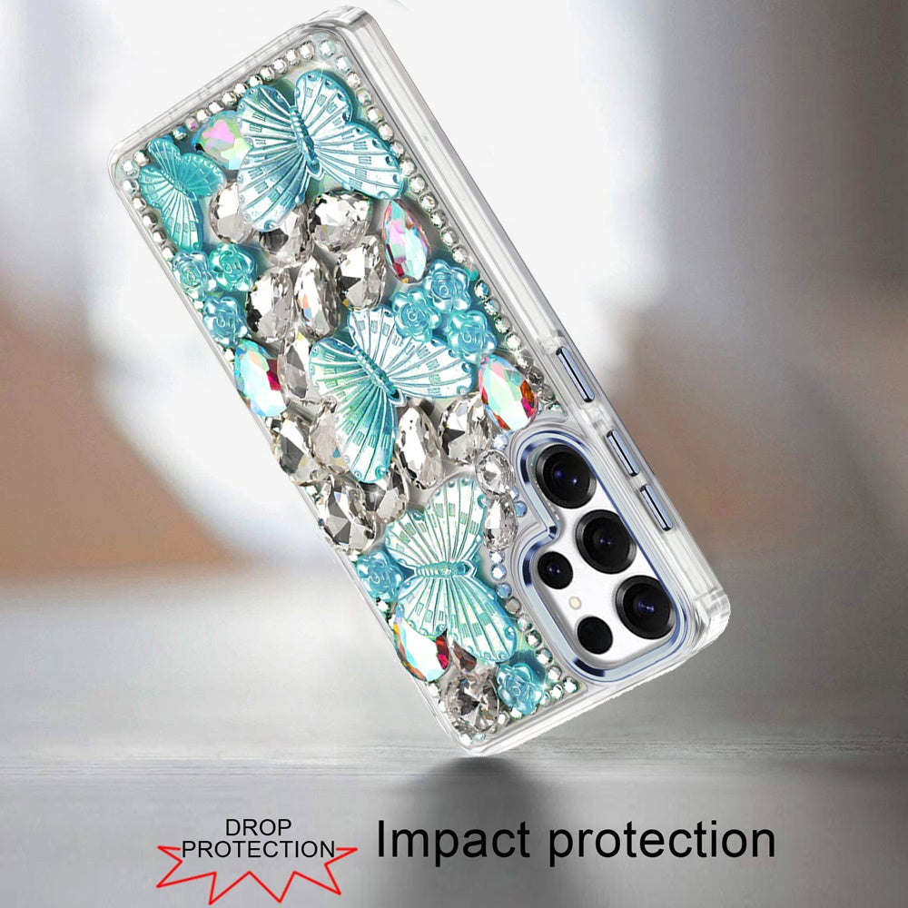 For Samsung Galaxy S26 3D Diamond Floral Butterfly Bling Stone Hybrid, Sparkly Rhinestone Gemstone Back Shockproof Case Cover