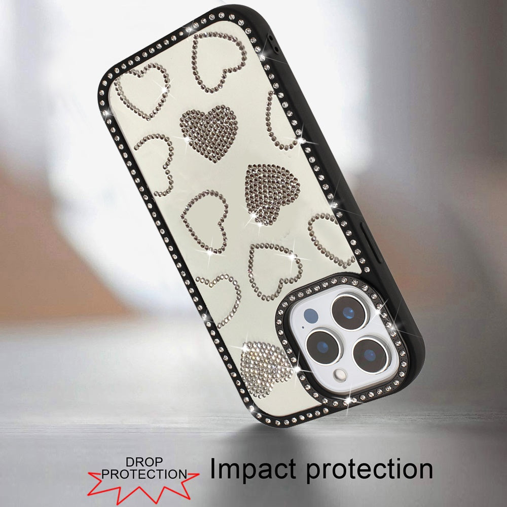 For Apple iPhone 17E /16E Spread Love Glitter Shimmer Bling Diamond Edge Hybrid Drop Protection Shockproof Design Case Cover Black
