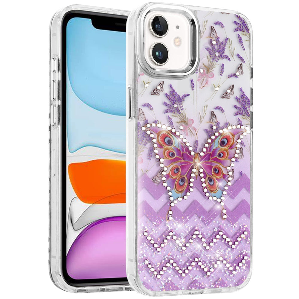 For Apple iPhone 17E /16E Butterfly Resin Epoxy Diamond Design Metal Edged Hybrid Shockproof Heavy Duty Drop Protection Case Cover