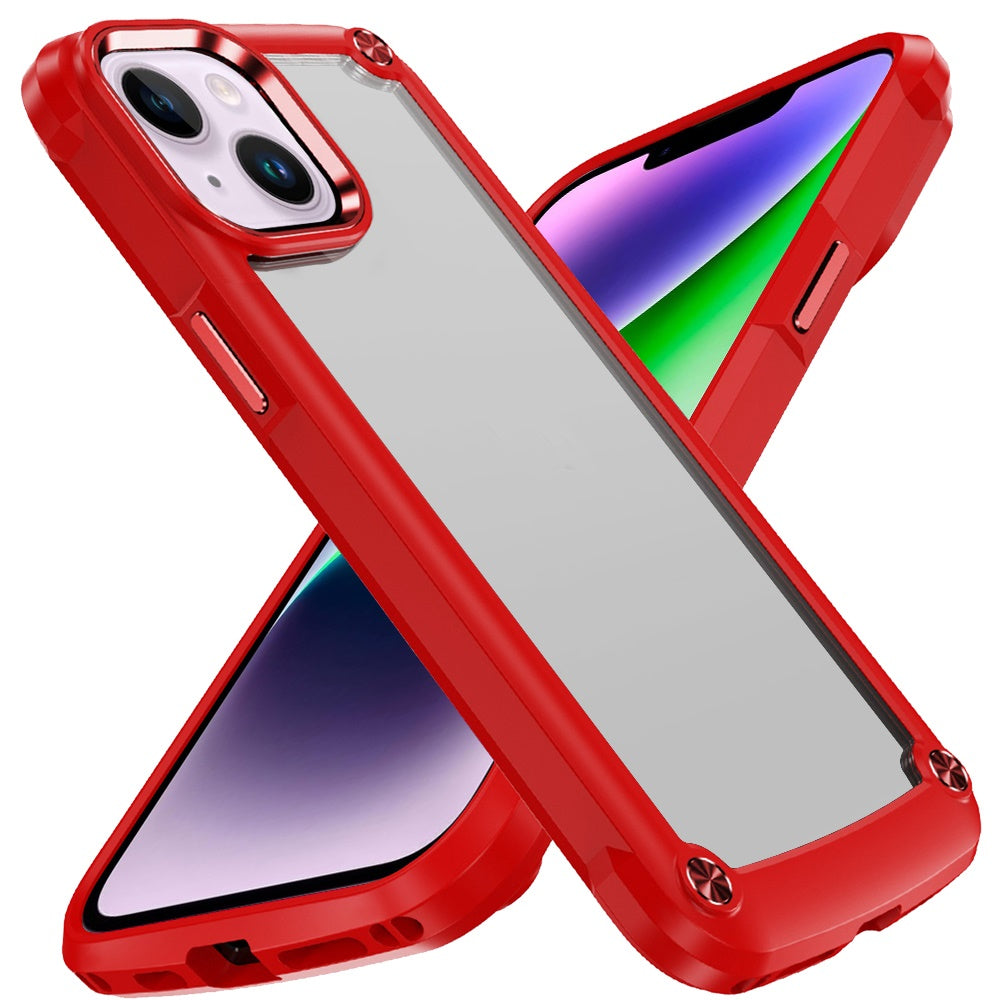 For iPhone 14/13 (6.1") Hybrid Transparent Rubber with Metal Buttons & Camera Edges Hard TPU Corner Frame Bumper Case Cover Light Purple
