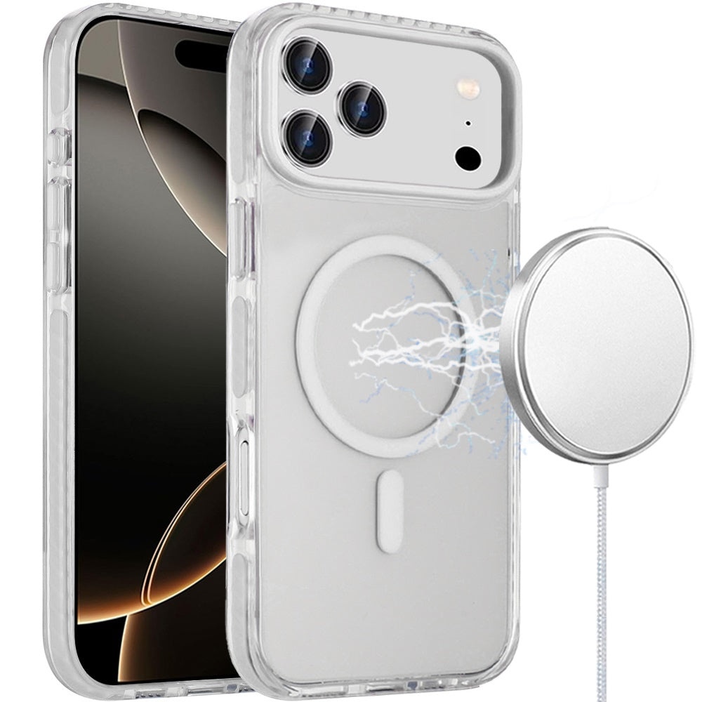 For Apple iPhone 17 Pro Max Transparent Hybrid with Color-Matched Magnetic Circle, Rubber TPU Frame Hard PC Shockproof Case Cover White