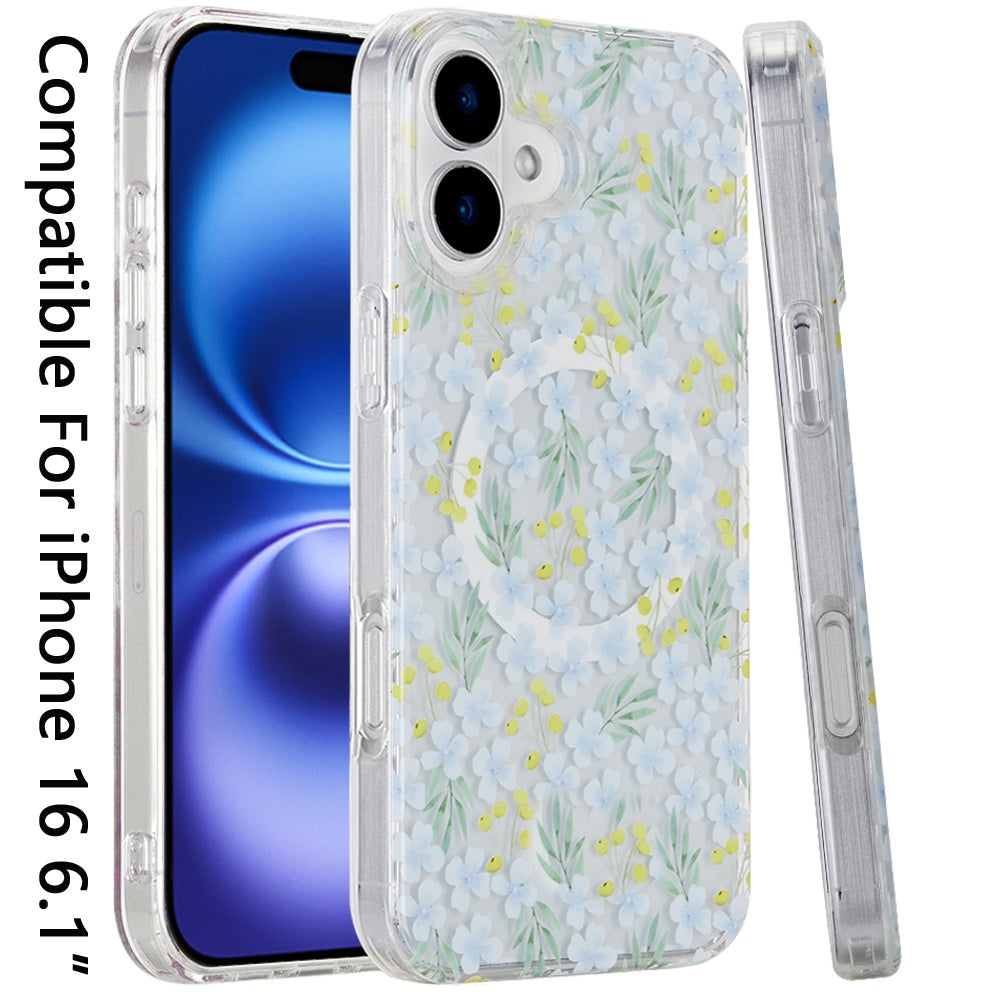 For Apple iPhone 16 (6.1") Floral Pattern Design Cute Clear Hybrid Compatible with Magsafe Double Layer Soft TPU Hard PC Back Slim Case Cover
