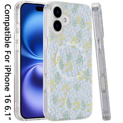 For Apple iPhone 16 (6.1") Floral Pattern Design Cute Clear Hybrid Compatible with Magsafe Double Layer Soft TPU Hard PC Back Slim Case Cover