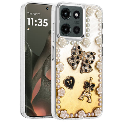 For Motorola Moto G 5G 2025 Bling Fashion Design with 3D Pearls Epoxy Glitter Ornaments Chrome Edge Hard Slim PC Case Cover