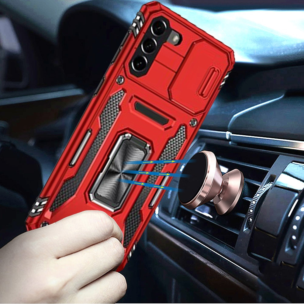 For Samsung Galaxy S21 Tough Hybrid Case with Movable Camera Window & Metal Ring Stand Shockproof Case Cover