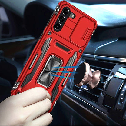 For Samsung Galaxy S21 Tough Hybrid Case with Movable Camera Window & Metal Ring Stand Shockproof Case Cover