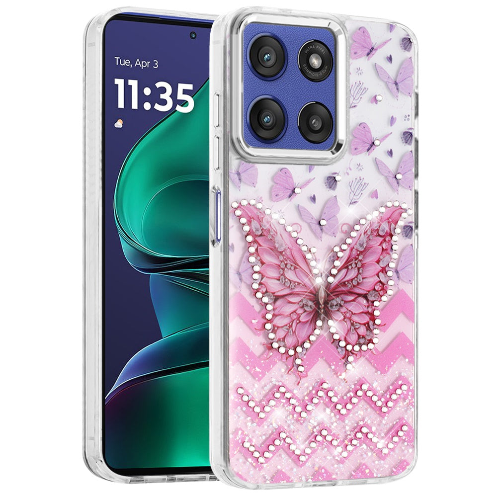 For Motorola Moto G Stylus 5G 2026 /2025 Butterfly Resin Epoxy Diamond Design Metal Edged Hybrid Shockproof Heavy Duty Drop Protection Case Cover