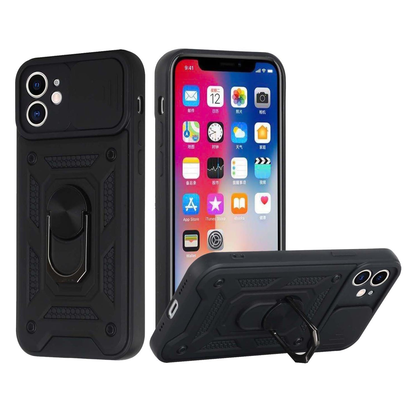 For Apple iPhone SE 3 (2022) SE/8/7 Hybrid Case with Slide Camera Lens Cover, Ring Kickstand, Heavy-Duty Dual Layer TPU, Fit Magnet Car Mount Case Cover