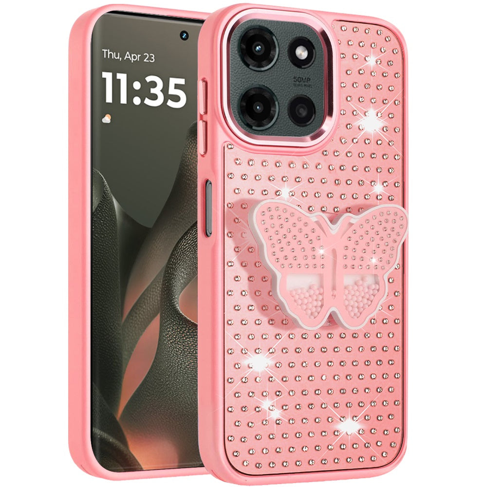 For Motorola Edge 2025 Butterfly Moveable Grip 3D Pop Stand Full Diamond Bling Sparkling TPU Fashion Hybrid Case Cover