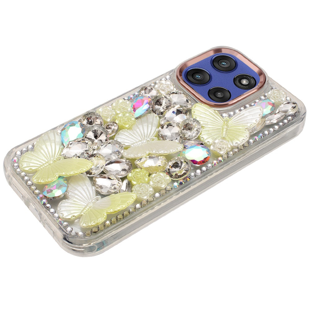 For Motorola Moto G Stylus 5G 2025 3D Diamond Floral Butterfly Bling Stone Hybrid, Sparkly Rhinestone Gemstone Back Shockproof Case Cover