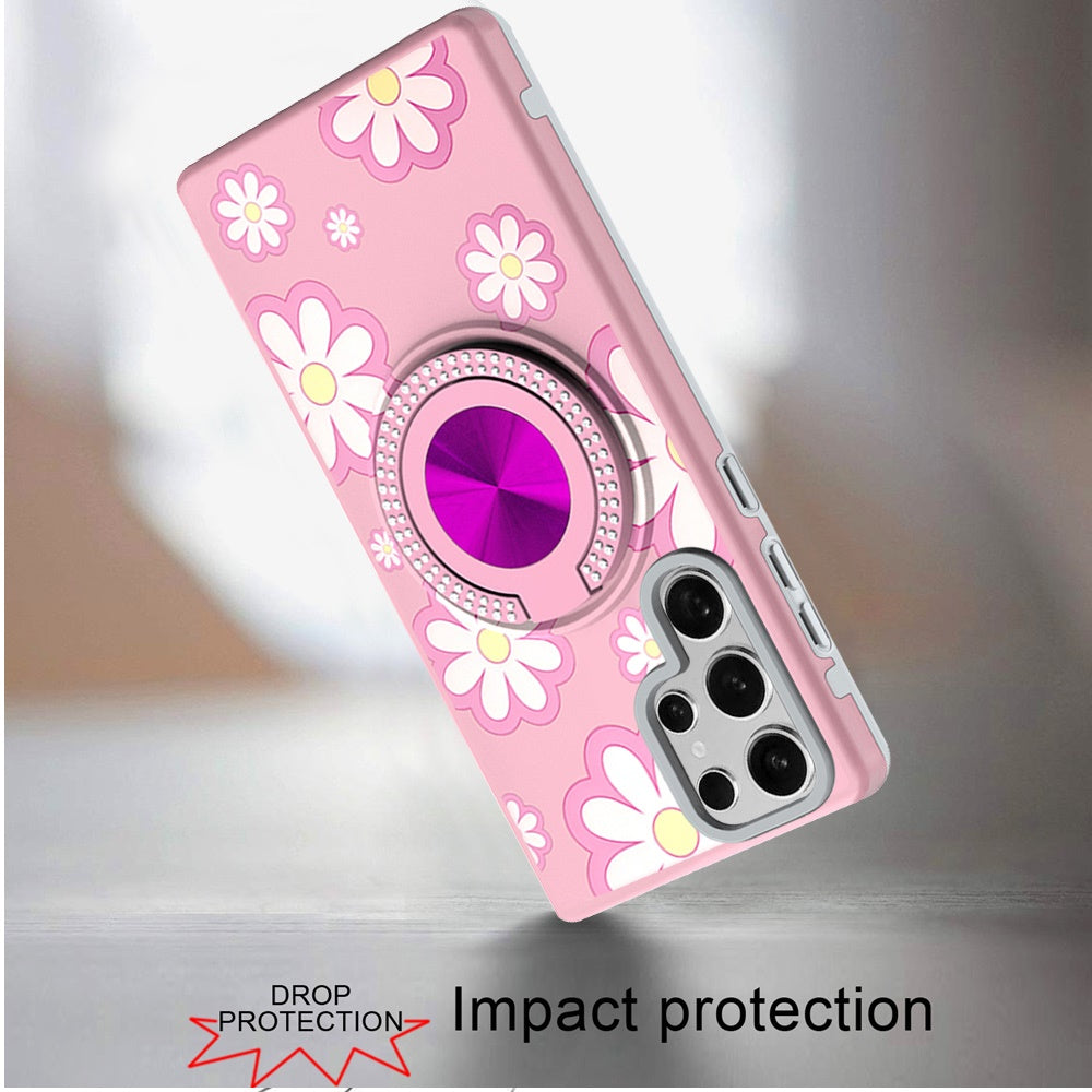 For Samsung Galaxy S25 Ultra Pattern Design Hybrid with Invisible Ring Stand & Magnetic Back, Shockproof Protective Grip Case Cover