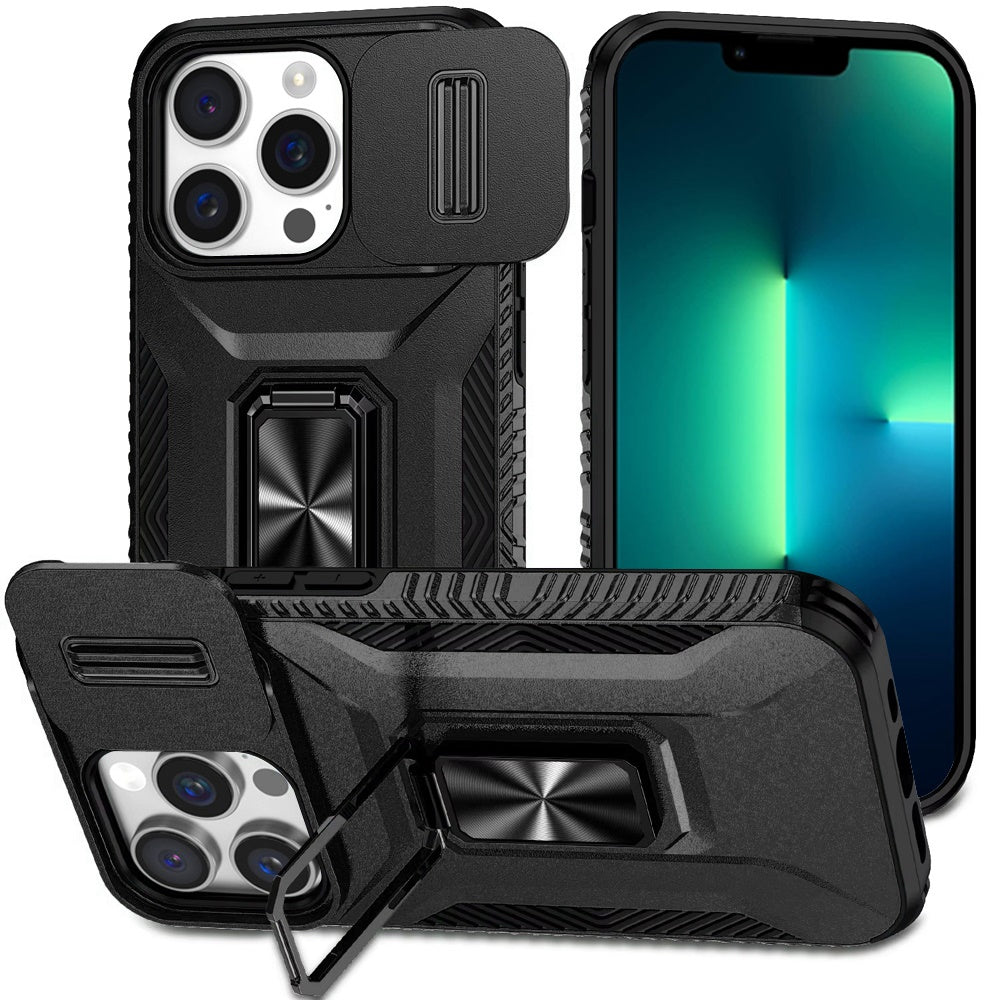 Phone Case for Apple iPhone 13 Pro Max Magnetic Ring Stand Camera Protection Shockproof Heavy Duty Kickstand Rugged Grip Anti Scratch Hybrid Cover Black