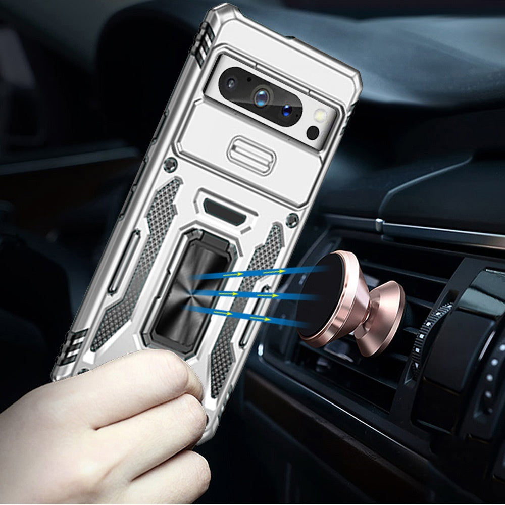 For Google Pixel 9 Pro XL Tough Hybrid Case with Movable Camera Window & Metal Ring Stand Shockproof Case Cover