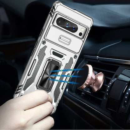 For Google Pixel 9 Pro XL Tough Hybrid Case with Movable Camera Window & Metal Ring Stand Shockproof Case Cover